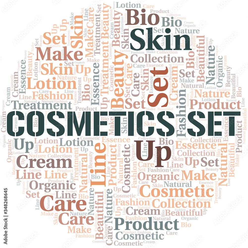 Cosmetics Set word cloud collage made with text only. Cosmetics Set word cloud collage made with text only.