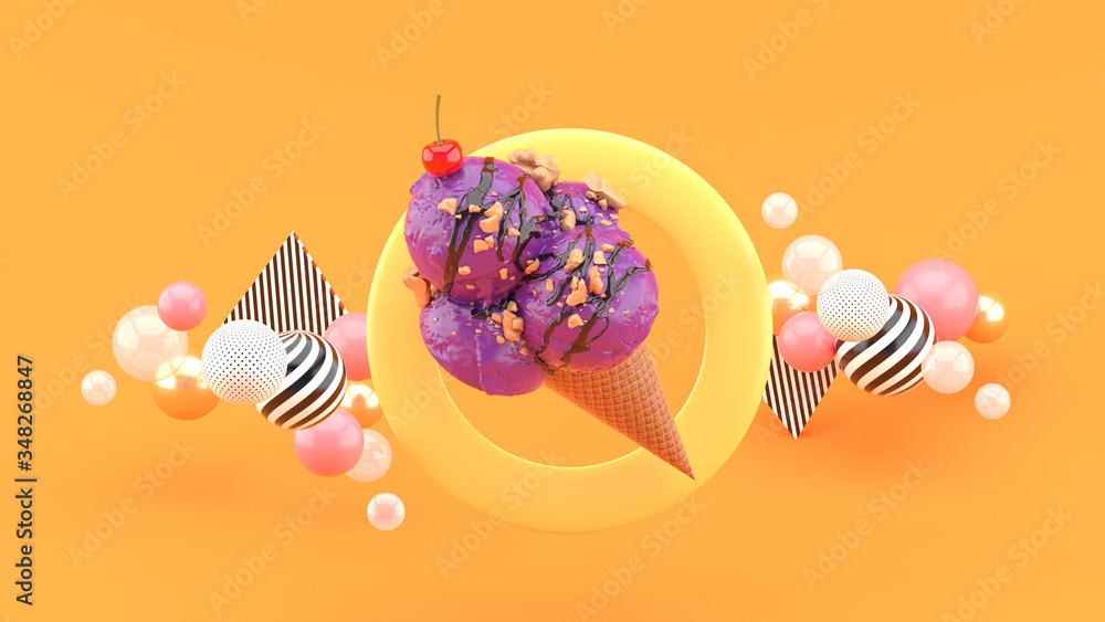 Ice cream cone in a circle surrounded by colorful balls on an orange background.-3d rendering..