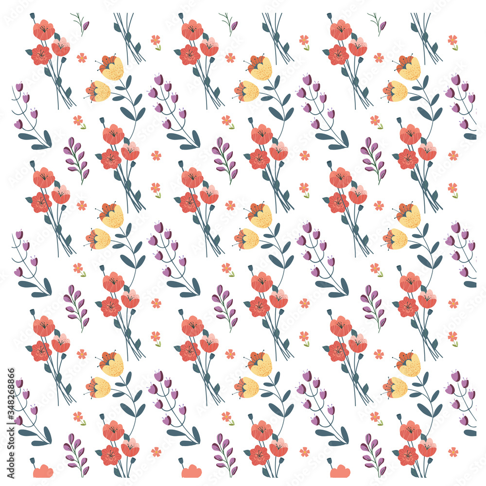 Seamless pattern with flowers and leaves white background. Vector illustration Seamless pattern with flowers and leaves white background. Vector illustration