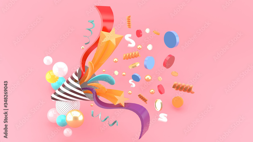 Party popper amidst the like buttons, coins, stars, ribbons among colorful balls on a pink background.-3d rendering.. - obrazy, fototapety, plakaty 