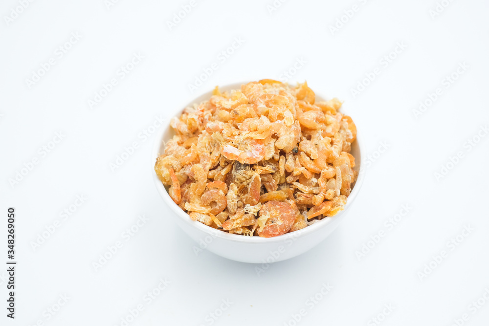 Dried shrimp shot in a white isolated background Dried shrimp shot in a white isolated background