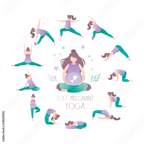 Beauty pregnant woman doing yoga poses. Hatha asanas complex,soft pregnant yoga concept.