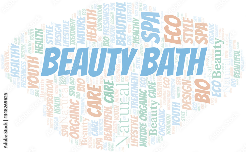 Beauty Bath word cloud collage made with text only.