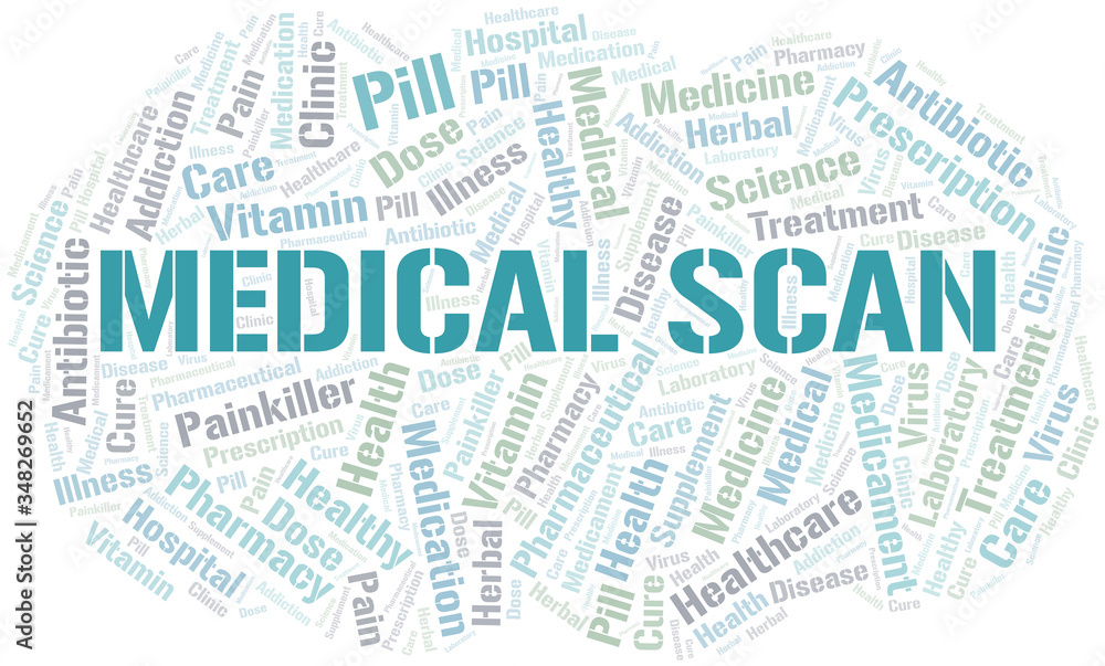 Medical Scan word cloud collage made with text only.