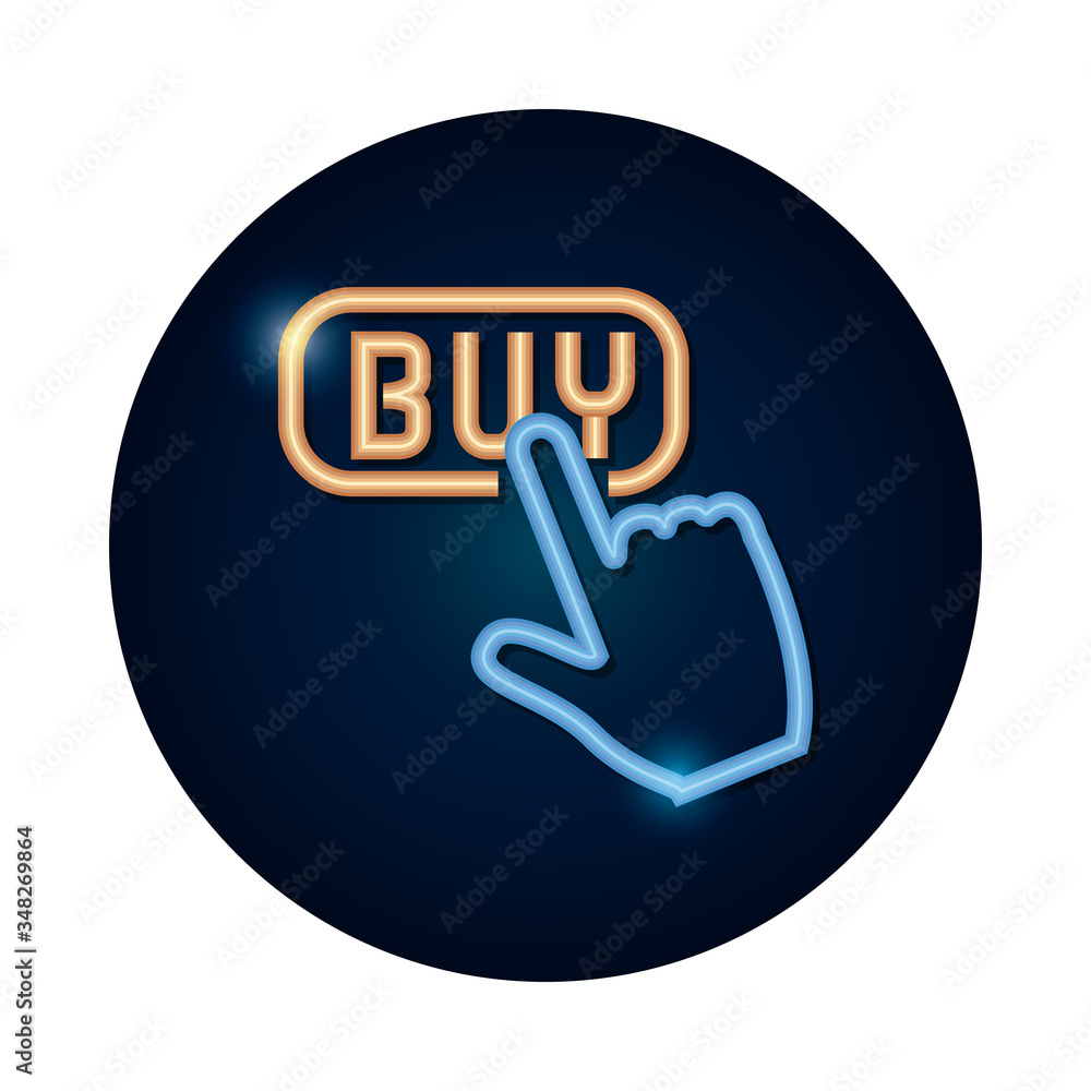shopping online concept, hand cursor with buy button icon, neon style shopping online concept, hand cursor with buy button icon, neon style
