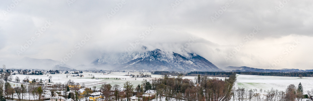 Panoramic aerial view of Snow mountain Untersberg near Salzburg Outskirts in winter time