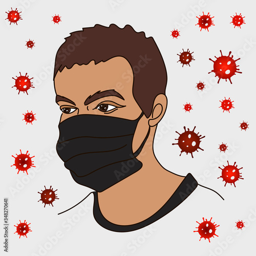 Man wearing face mask to protection disease Coronavirus. Corona Virus 2020 COVID-19 poster, banner, Typography, lettering. Protest Art. No Infection and Stop syndrome Coronavirus.