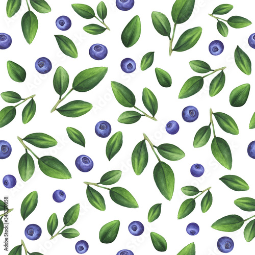 Seamless pattern of green leaves and blueberry. Isolated on white background. Hand drawn watercolor illustration for decorate fabric, curtain, wallpaper, website, invitation, label.