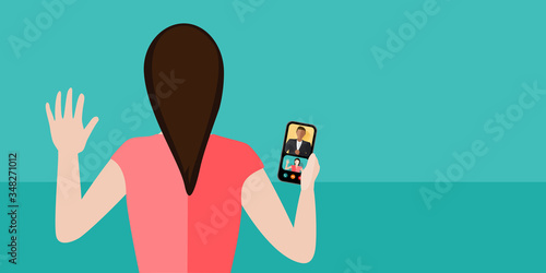 Woman on a video conference call while working at home concept vector