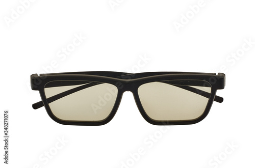 Square shape with black lenses glasses for watching 3 D movies on isolated white background.