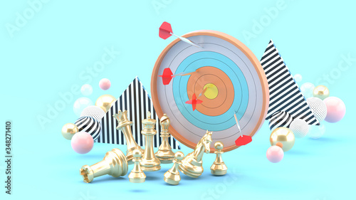 Darts and targets Chess is surrounded by colorful balls on a blue background.-3d rendering..