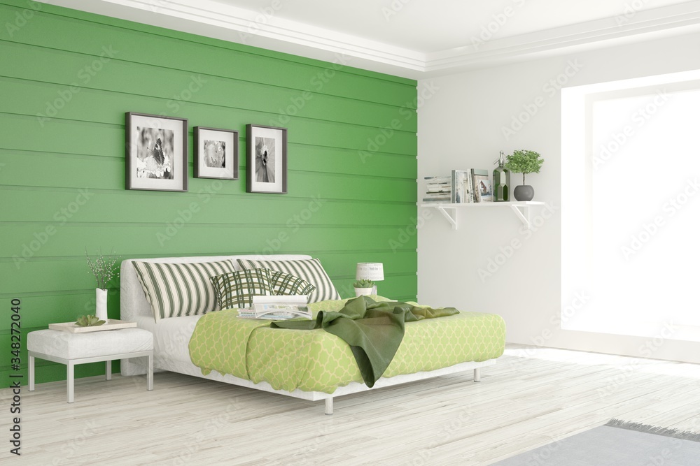 Fototapeta premium White bedroom interior. Scandinavian design. 3D illustration