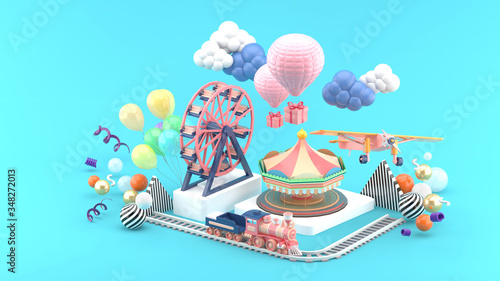 Carousel, Ferris wheel, train, balloon and plane surrounded by colorful balls on a blue background.-3d rendering.