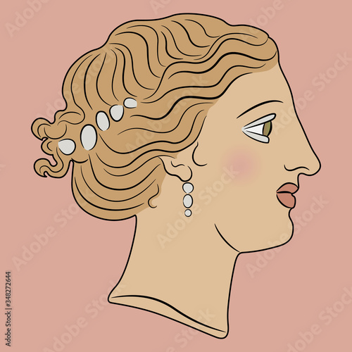 Isolated vector illustration. Beautiful female head in profile. Colorful portrait of antique lady. Goddess Venus or Aphrodite.	