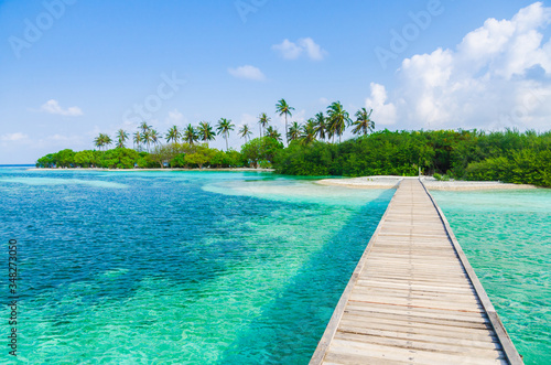 Wooden bridge over turquoise water to a tropical island in the Maldives © Mikhail