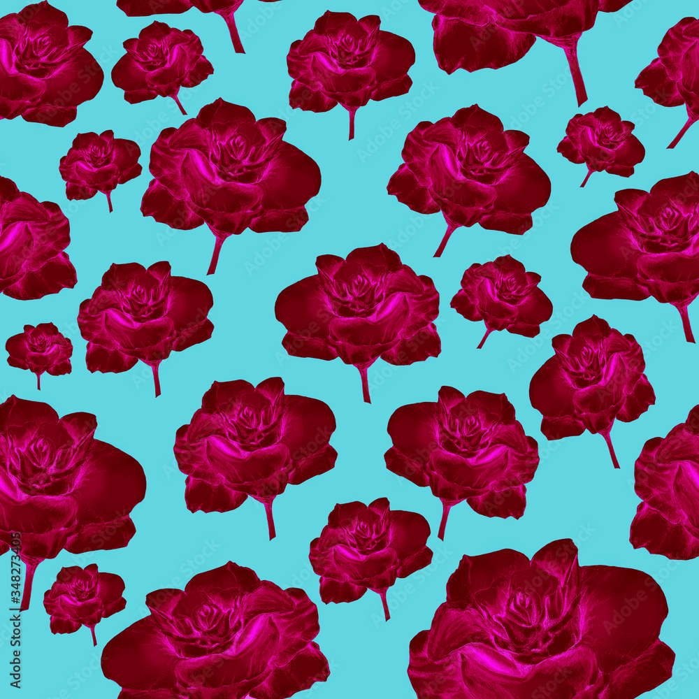 Pink roses on the blue background. Hand drawn illustration. Seamless pattern. Pink roses on the blue background. Hand drawn illustration. Seamless pattern.