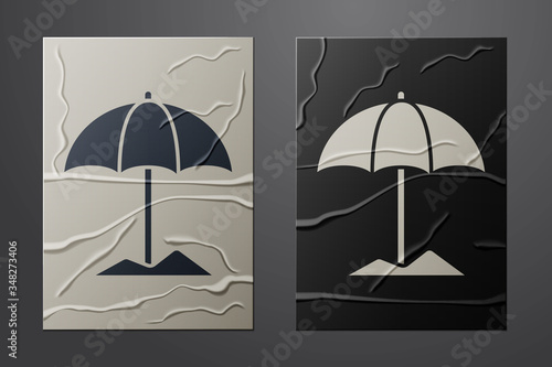 White Sun protective umbrella for beach icon isolated on crumpled paper background. Large parasol for outdoor space. Beach umbrella. Paper art style. Vector