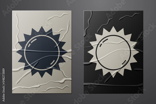 White Sun icon isolated on crumpled paper background. Summer symbol. Good sunny day. Paper art style. Vector