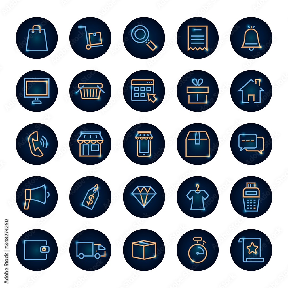 diamond and shopping online icon set, neon style diamond and shopping online icon set, neon style