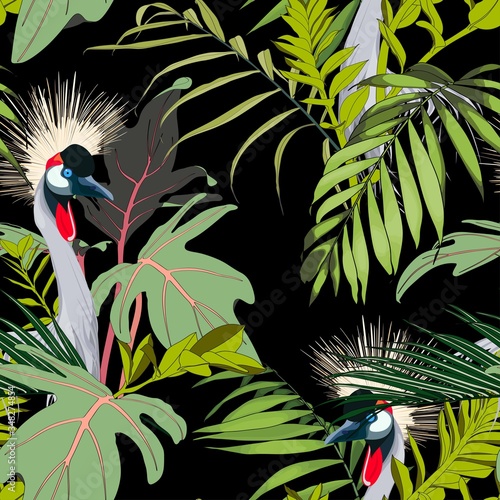 Beautiful seamless floral summer pattern background with exotic birds, palm leaves. Perfect for wallpapers, web page backgrounds, surface textures, textile.