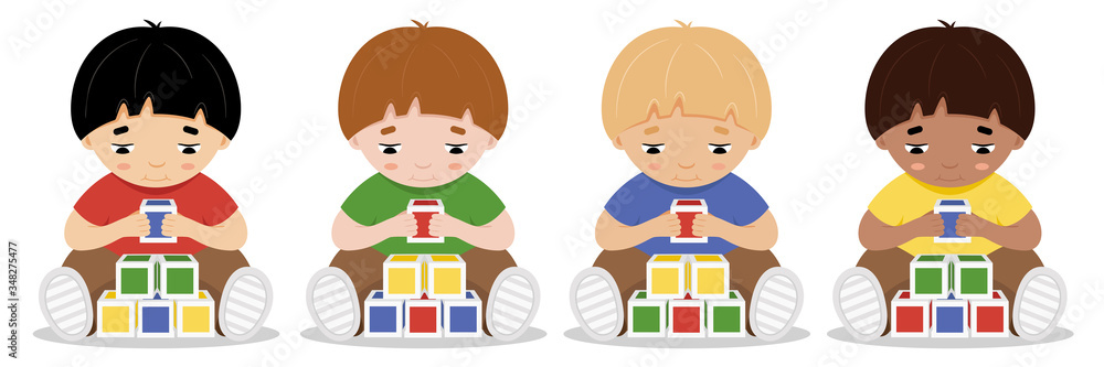 Cheerful toddler sitting collects a pyramid of colored cubes. Concept development and education of young children. Cheerful toddler sitting collects a pyramid of colored cubes. Concept development and education of young children.