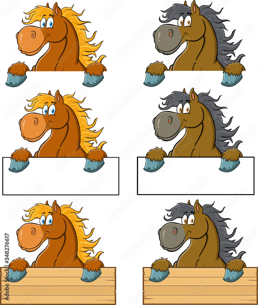 Fototapeta premium Horse Cartoon Character Over A Blank Sign. Vector Collection Isolated On White Background