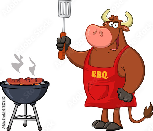 Bull Chef Cartoon Mascot Character Holding Slotted Spatula By A Barbecue. Vector Illustration Isolated On White Background