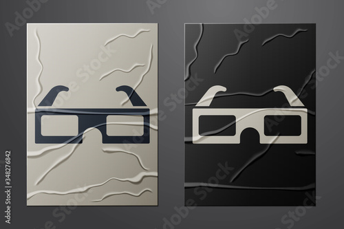 White 3D cinema glasses icon isolated on crumpled paper background. Paper art style. Vector