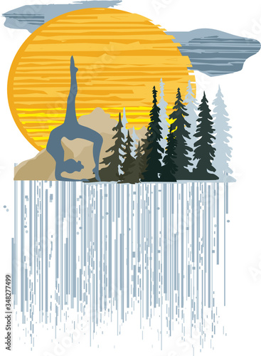 Figure, girls in yoga class in the forest at sunset