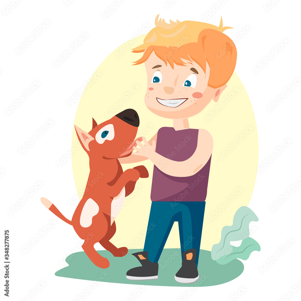 Cartoon characters - Boy and dog. Happy smiling kid and pet. Stock vector illustration isolated on white background Cartoon characters - Boy and dog. Happy smiling kid and pet. Stock vector illustration isolated on white background