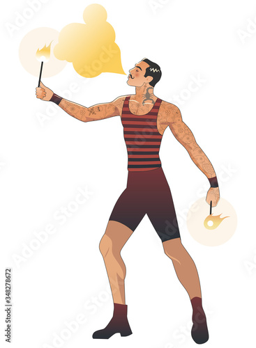Mustache fire eater in vintage style, spitting fire and wearing old clothes, isolated on white background