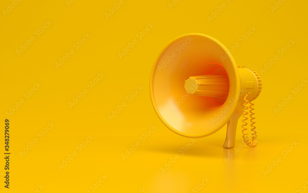 Monochrome yellow single megaphone. Loudspeakers on a yellow background. Conceptual illustration with copy space. 3D rendering. - obrazy, fototapety, plakaty 