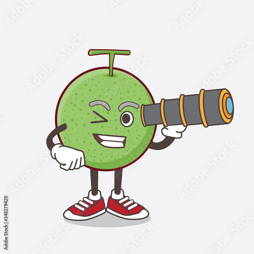 Melon Fruit cartoon mascot character using a monocular