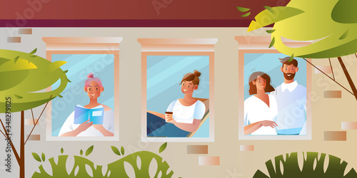 Vector illustration with young people staying at home during quarantine. Smiling male and female characters in their apartments visible through the windows. Self-isolation concept in flat style
