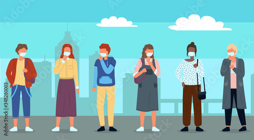 Group of young multinational people in medical masks at background of city park. Concept of viral epidemic. Set of characters in protection masks at distance. Vector illustration in flat style