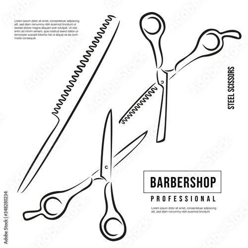 Professional thinning scissors for haircuts and hairbrush. Drawing for a hairdresser
