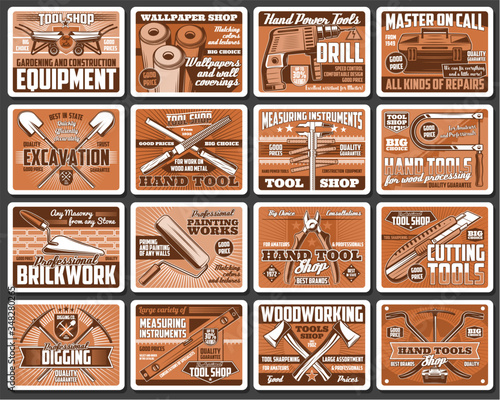 Construction and DIY tools retro vector posters. Hardware, carpentry and brickwork instruments vintage cards. Woodwork tools shop, house remodeling, building and repair equipment