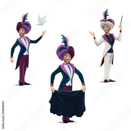 Circus magician performing tricks with cloth, magical wand and dove isolated vector icons. Big top illusionist in turban and tailcoat perform circus magic show, carnival amusement entertainment event