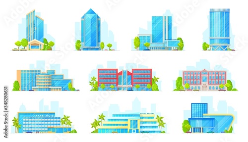 Hotels and business center buildings exterior isolated vector icons. Cartoon commercial and coworking center objects, modern city real estate skyscrapers and residential buildings, resort apart-hotels