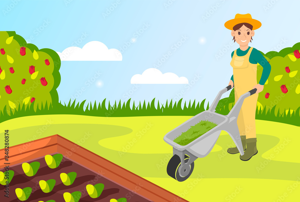 Vector illustration with cartoon character. Young woman gardener in uniform holding wheelbarrow with cutted grass standing near the garden with organic plants. Portrait of farmer during farming works Vector illustration with cartoon character. Young woman gardener in uniform holding wheelbarrow with cutted grass standing near the garden with organic plants. Portrait of farmer during farming works