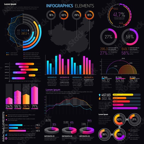 Infographics elements with vector graphs and charts. Business presentation info graphic templates with bar graphs, statistic data step and pie charts, timeline, process and option diagrams