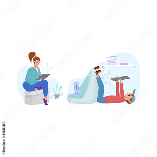 Man and woman watch news on tablets, maintain social distance, or work remotely