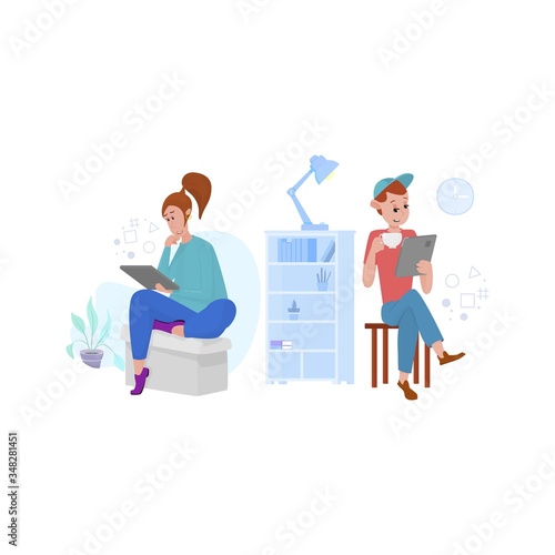 Man and woman watch news on tablets, maintain social distance, or work remotely