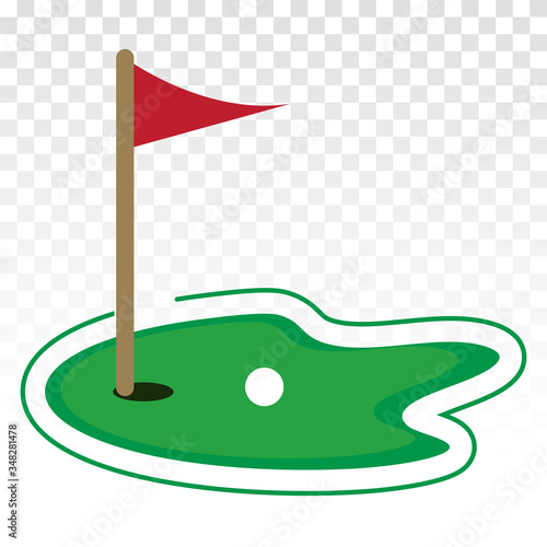 Green golf course with flag or flagstick and golf ball flat vector icon for sport apps and websites