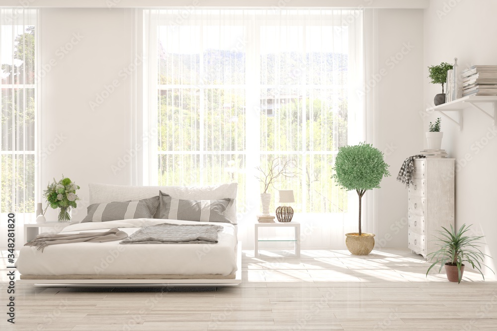 Fototapeta premium White bedroom interior. Scandinavian design. 3D illustration