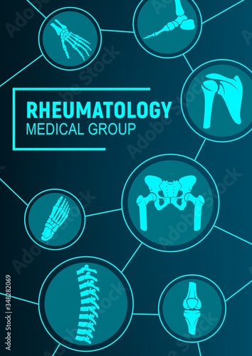 Rheumatology, joints and rheumatic disorder medical health care. Vector human skeleton parts hand, foot and pelvis, spine, knee and shoulder joints mri or computed tomography, medicine