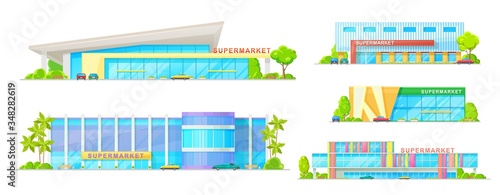 Supermarket and store buildings vector icons. Modern store and mall exterior design, shopping mall front view with blue glass windows. Retail shop buildings with entrance, cars and green trees