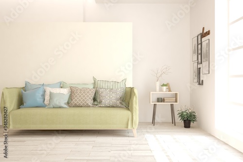 White living room with sofa. Scandinavian interior design. 3D illustration