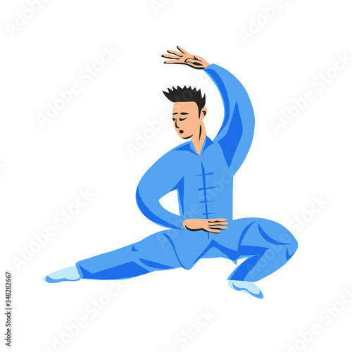 A man shows a completed kung fu wushu stand isolated on a white background. Vector illustration.