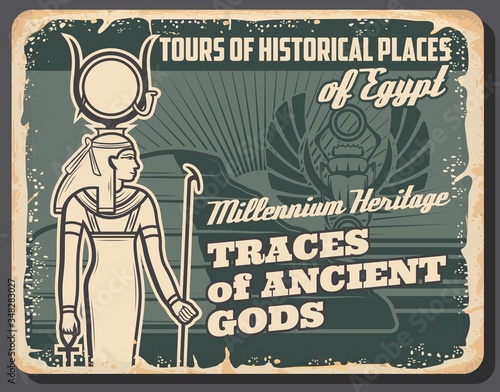 Ancient Egypt travel tour retro poster. Cairo famous places vintage vector grunge card. Historical pharaoh pyramids ancient gods traces, Egyptian heritage museum, sacred scarab and Hathor goddess